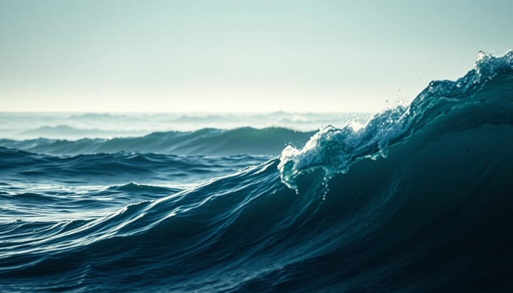 A dramatic seascape with crashing ocean waves, illuminated by soft, diffused lighting. The waves are rendered with intricate shading techniques, showcasing the depth and volume of the water as it curls and crashes. The foreground features a detailed, textured wave crest, with subtle highlights and shadows accentuating the form. In the middle ground, smaller waves recede into the distance, their shapes and shading creating a sense of depth and perspective. The background depicts a hazy, atmospheric ocean horizon, with a subtle gradient of colors and soft, blurred edges, further enhancing the depth and dimensionality of the scene. The overall mood is serene yet dynamic, capturing the power and beauty of the ocean waves.