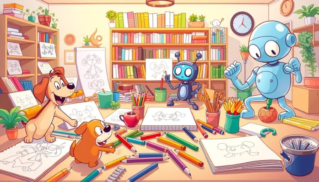 A dynamic and colorful illustration of complementary cartoon tutorials, showcasing diverse drawing techniques and styles. In the foreground, a vibrant assortment of cartoon characters, including a playful dog, a mischievous cat, and a whimsical robot, engaged in various stages of the creative process. The middle ground features an array of sketchbooks, pencils, and drawing tools, inviting the viewer to join in the artistic exploration. The background is a warm, cheerful environment, with a bookshelf filled with instructional guides and a cozy studio setting, conveying a sense of encouragement and inspiration. Soft, diffused lighting and a vibrant color palette create an engaging and inviting atmosphere, perfectly capturing the essence of "Enhancing Your Skills with Complementary Cartoon Tutorials".