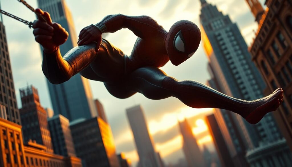A dynamic and detailed Spider-Man figure, showcasing advanced shading techniques to enhance realism and depth. The hero is captured in a dramatic mid-action pose, web-slinging through a detailed urban environment. Intricate shadows and highlights define the musculature and texture of the suit, with subtle gradients creating a sense of volume and form. Warm lighting from the setting sun casts an amber glow, emphasizing the hero's powerful silhouette against a moody sky. The perspective is slightly low-angled, lending an immersive, cinematic quality. The background features a detailed cityscape with towering skyscrapers and intricate architectural elements, creating a compelling, layered scene.