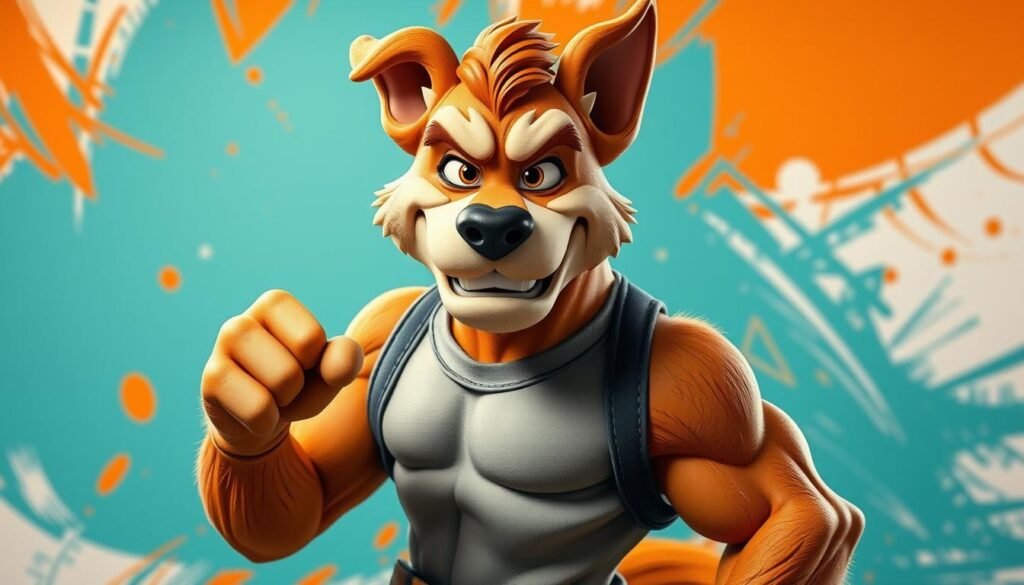 A dynamic, energetic Dog Man figure strikes a confident pose, his canine features and human-like qualities blending seamlessly. Vibrant lighting illuminates his expressive face, capturing the mischievous glint in his eyes and the playful grin spreading across his muzzle. The middle ground features a bold, stylized backdrop, with bold brushstrokes and dynamic shapes that evoke the character's animated, whimsical nature. In the foreground, the Dog Man's muscular, well-proportioned body is rendered in striking detail, his fur and clothing textures meticulously crafted. The overall composition conveys a sense of movement and personality, inviting the viewer to engage with this unique, captivating character.