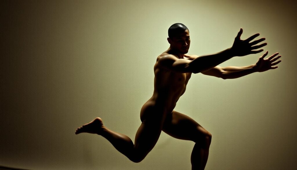 A dynamic figure in motion, their arms fluidly rotating and gesturing with expressive energy. The pose is captured in dramatic lighting, casting dramatic shadows that accentuate the musculature and movement. The background is a neutral, textured environment that allows the figure to stand out, the focus solely on the graceful, articulated limbs. The camera angle is slightly elevated, giving a sense of observing the subject from above, heightening the sense of fluidity and control. The overall mood is one of artful, kinetic movement - a study in the beauty and power of the human form in dynamic action.