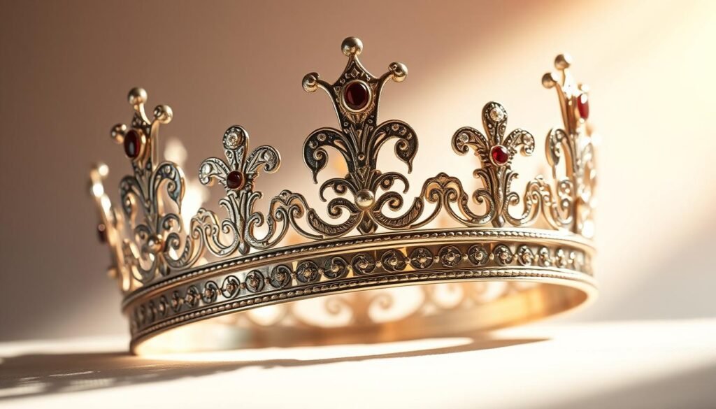 A finely detailed crown, its metallic surfaces gleaming under a warm, directional light. Intricate patterns and jewel-like embellishments adorn the regal headpiece, casting delicate shadows that define its elegant curves. The crown sits atop a softly diffused background, allowing the focal point to shine. Subtle highlights accentuate the crown's dimensional quality, while nuanced shading imparts a sense of depth and solidity. A masterful balance of realistic rendering and artistic interpretation, capturing the essence of a crown in its most refined, majestic form.