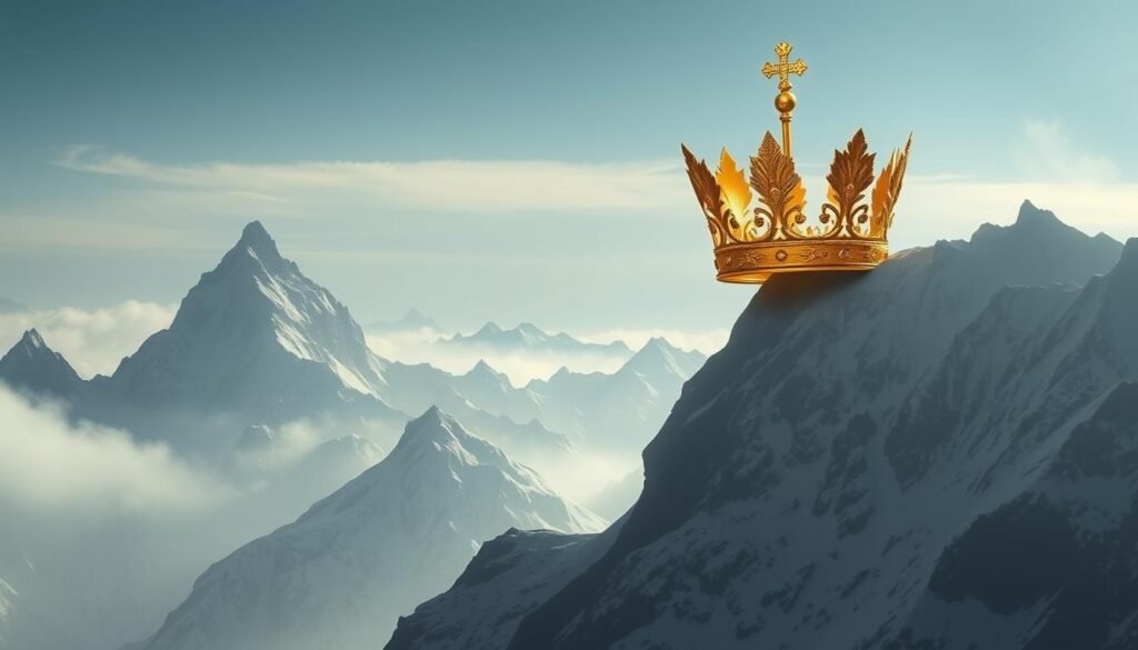 A gleaming golden crown headband adorns the peaks of a majestic mountain range, its ornate details casting a warm glow against the cool, mist-shrouded slopes. The crown's regal silhouette stands tall, commanding attention amidst the jagged, snow-capped peaks that pierce the heavens. Soft, diffused lighting illuminates the scene, casting dramatic shadows that accentuate the crown's intricate design and the rugged, rugged terrain. The overall atmosphere is one of power, grandeur, and the convergence of nature's majesty with the trappings of royalty.