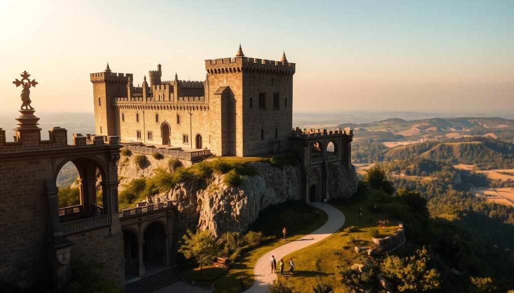 A grand medieval castle nestled atop a rocky outcrop, its imposing towers and crenelated walls casting dramatic shadows across the surrounding countryside. The scene is bathed in warm, golden sunlight, creating a sense of timeless majesty. In the foreground, detailed architectural elements like ornate archways, intricate stonework, and ornamental flourishes invite close examination. The middle ground features lush, verdant landscaping and a winding path leading to the castle's grand entrance. In the distance, rolling hills and a hazy blue sky complete the picturesque tableau, evoking a sense of historical grandeur and artistic inspiration.