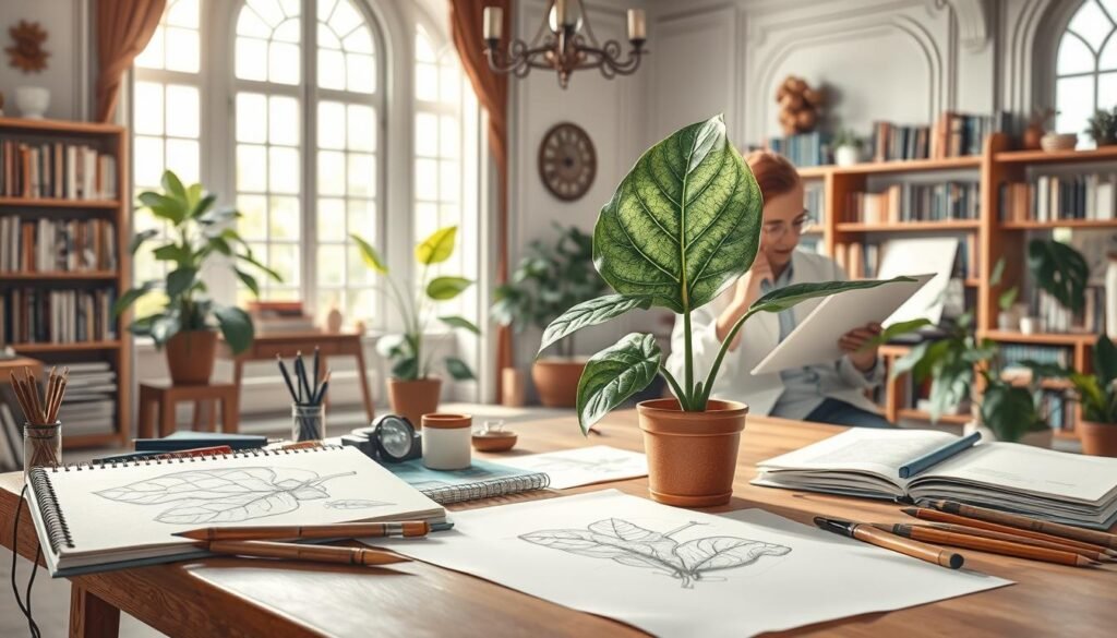 A high-resolution, detailed botanical illustration showcasing expert tips and lessons for drawing leaves. The foreground features a botanist's workstation with sketchbooks, drawing implements, and a potted plant specimen. The middle ground shows the botanist carefully studying the leaf structure and texture, with magnifying glasses and other tools. The background depicts an elegant, softly-lit studio setting with large windows, shelves of reference books, and natural light filtering in. The overall atmosphere is one of focused study, artistic precision, and reverence for the natural world.