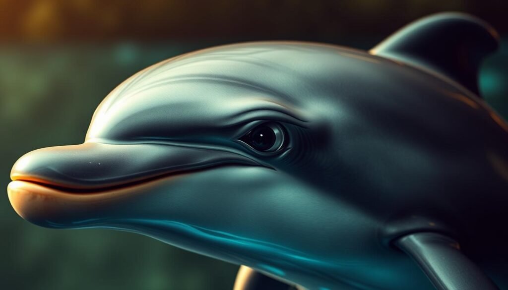 A highly detailed and realistic close-up view of a dolphin's head and upper body, rendered in a warm, soft lighting. The dolphin's skin has a sleek, wet texture, with intricate patterns and markings clearly visible. The eyes are expressive and lifelike, capturing the dolphin's intelligence and curiosity. The nose, mouth, and fins are depicted with meticulous attention to anatomical accuracy. The background is slightly blurred, allowing the dolphin to be the focal point, showcasing the beauty and grace of this magnificent marine creature.