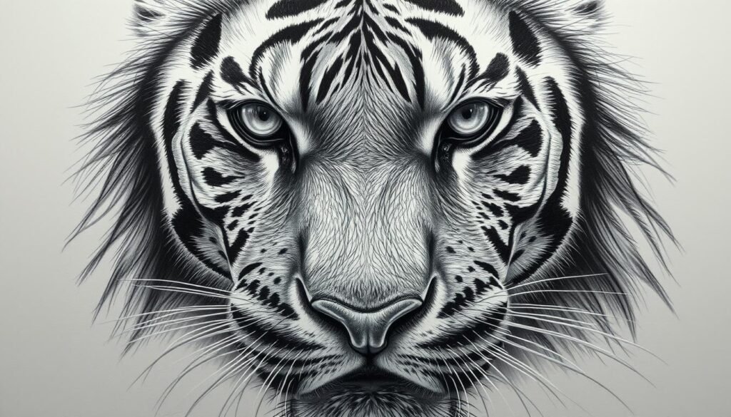 A highly detailed, hyper-realistic pencil drawing of a close-up view of a majestic tiger's face, with a focus on the individual pencil strokes and textures. The tiger's fur appears soft and lifelike, with intricate hatching and cross-hatching techniques used to capture the depth, volume, and subtle variations in color and tone. The lighting is dramatic, creating deep shadows and highlights that accentuate the contours of the tiger's features, such as the piercing eyes, the powerful jaw, and the prominent whiskers. The composition emphasizes the tiger's intense, captivating gaze, drawing the viewer's attention to the technical mastery of the pencil work.