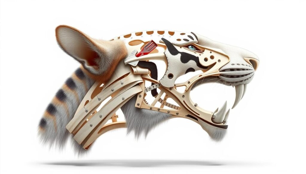 A highly detailed, realistic technical drawing of a tiger head, showcasing the internal anatomical structure and construction. Rendered in a precise, scientific style with a neutral, technical mood. The image should clearly illustrate the step-by-step techniques for accurately depicting a tiger's head, with attention to bone structure, musculature, and proportions. Lit by a bright, directional light source to highlight the contours and textures, shot from a slightly low angle to emphasize the power and majesty of the subject. The background should be a plain, white studio setting to maintain focus on the technical details of the tiger head.