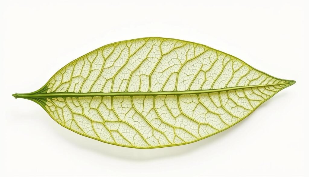 A highly detailed, scientifically accurate cross-section of a leaf, showcasing its intricate vein patterns and internal structures. The image should be rendered with a crisp, photorealistic style and precise anatomical detail, illuminated by soft, diffuse natural lighting that enhances the delicate textures and organic forms. The leaf should be shown in a neutral, white or light-colored background, allowing the viewer to focus on the fascinating complexity of its biological makeup. The overall mood should be one of wonder and appreciation for the natural elegance and engineering of this fundamental plant structure.