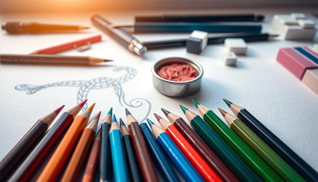 A meticulously arranged collection of essential drawing tools for creating intricate braids. In the foreground, a set of fine-tipped colored pencils, their vibrant hues spilling across the frame. In the middle ground, a delicate brush and a small pot of watercolor paint, ready to add subtle shading and texture. In the background, a sharp mechanical pencil, a ruler, and a tidy array of erasers and blending stumps, the tools of the trade for the skilled braid artist. Soft, natural lighting casts a warm, inviting glow, highlighting the craftsmanship and attention to detail required to masterfully depict these complex hair structures.