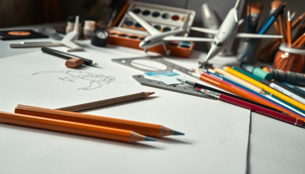 A meticulously arranged still life of art supplies for airplane drawing, shot with a wide-angle lens to capture the scene in rich detail. In the foreground, a sketchpad, pencils, and an eraser in varying degrees of use. In the middle ground, a ruler, protractor, and fine-tipped pens for intricate linework. The background features an assortment of paints, watercolor brushes, and a small model airplane. Soft, natural lighting illuminates the scene, casting subtle shadows and highlighting the textures of the materials. The overall composition conveys a sense of focus, creativity, and the joyful pursuit of aviation-inspired art.