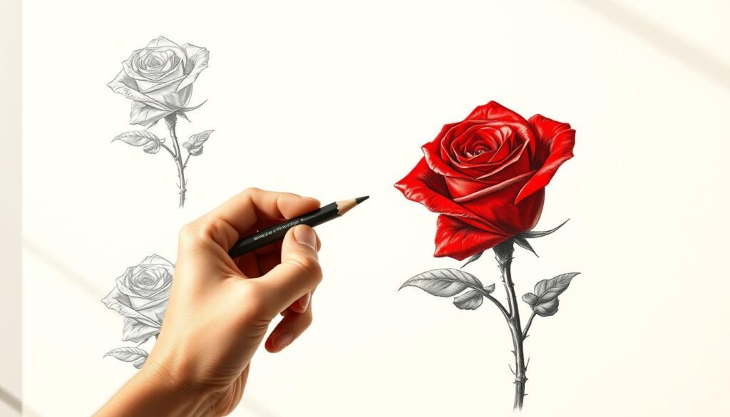 A meticulously detailed step-by-step process of drawing a rose, showcased in a realistic, high-resolution illustration. The foreground depicts an artist's hand skillfully wielding a graphite pencil, precisely sketching the intricate petals and thorns of a vibrant red rose. The middle ground reveals the evolving rose drawing, with each stroke captured in a dynamic, almost kinetic fashion. The background is a softly lit, minimalist studio environment, allowing the rose drawing to be the central focus. Warm, natural lighting casts subtle shadows, accentuating the textures and gradients of the pencil strokes. The overall mood is one of focused artistic practice, inviting the viewer to appreciate the artistry and technique behind the creation of this timeless botanical subject.