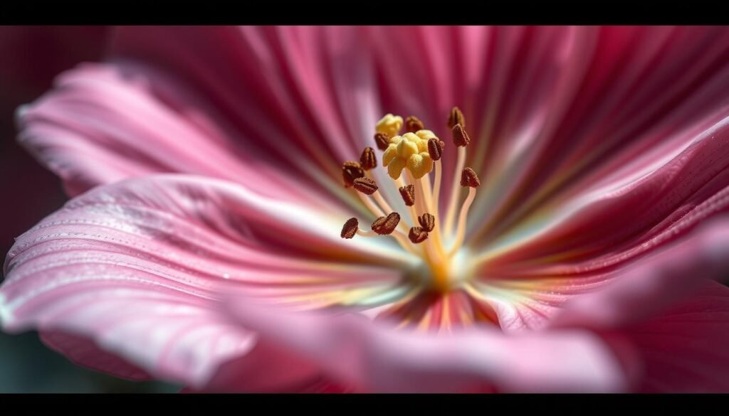 A meticulously rendered close-up of a realistic flower blossom, showcasing its intricate textures and delicate details. The foreground features the flower's petals in vibrant hues, with a soft focus that emphasizes their velvety surfaces, intricate veining, and delicate edges. The middle ground reveals the flower's delicate stamens and pistils, captured in sharp focus to highlight their intricate structures. The background is slightly blurred, creating a sense of depth and drawing the viewer's attention to the flower's central elements. The lighting is soft and natural, creating subtle shadows that accentuate the petals' contours and depth. The overall mood is one of calm contemplation, inviting the viewer to appreciate the beauty and complexity of this natural wonder.