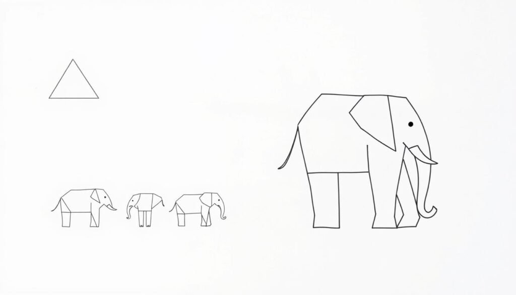 A minimalist, step-by-step tutorial on how to draw an elephant using simple geometric shapes and lines. In the foreground, a large, angular elephant silhouette composed of basic shapes like triangles, rectangles, and circles, rendered in a clean, flat style with smooth, bold outlines. The middle ground features a series of smaller, progressively more detailed elephant sketches, each breaking down the form into its essential shapes. The background is a plain, light-toned surface, allowing the tutorial elements to stand out clearly. Overall, the scene conveys a sense of simplicity, accessibility, and instructional clarity, perfect for guiding a beginner through the basics of constructing an elephant illustration.