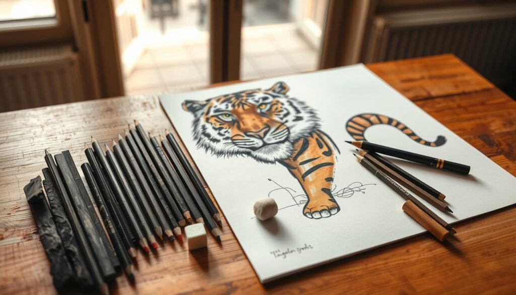A neatly arranged assortment of high-quality art materials for drawing a majestic tiger, including graphite pencils, charcoal sticks, kneaded erasers, and a sketchpad with crisp white pages. The items are laid out on a warm, wooden table, bathed in soft, diffused natural light filtering through a large window. The scene exudes a sense of artistic focus and creative anticipation, inviting the viewer to pick up the tools and begin their own tiger drawing journey.