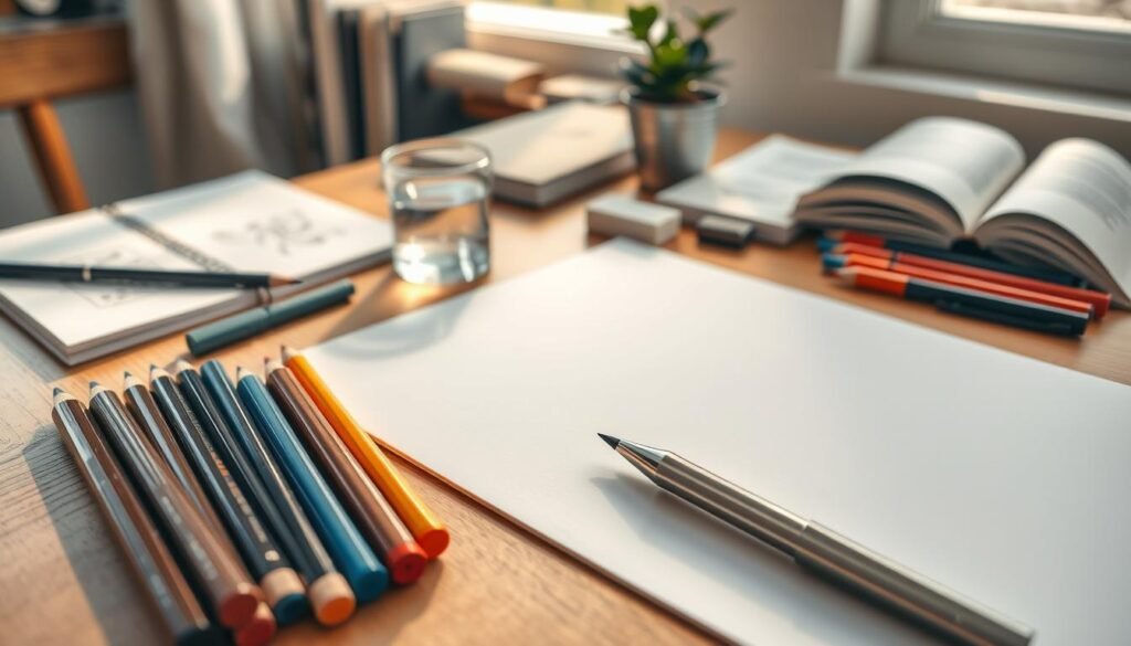 A neatly arranged collection of high-quality drawing supplies on a wooden table, bathed in warm, natural lighting. In the foreground, a set of premium colored pencils, a sharp, stainless-steel drawing pen, and a sketchpad with crisp, blank pages. In the middle ground, a small jar of water, a clean, white eraser, and a set of fine-tipped markers in a range of vibrant hues. In the background, a few artistic reference books, a sharpener, and a small potted plant, creating a cozy, inspirational workspace. The overall scene conveys a sense of focus, creativity, and the essential tools needed to bring a cartoon character like SpongeBob to life.