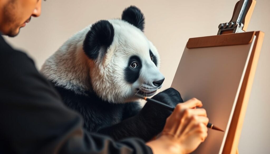 A panda artist, sitting at an easel, carefully applying the final brushstrokes to a detailed panda portrait. The panda's expressive features and fluffy black-and-white fur are rendered with meticulous precision. Soft, warm lighting casts a gentle glow, creating depth and texture. The panda's eyes reflect a sense of curiosity and contemplation, as if observing the artist's process. The artist's hands are steady, their expression focused, as they put the finishing touches on this beautifully crafted panda drawing. The scene is set against a minimalist, neutral background, allowing the panda and the artist's work to take center stage.