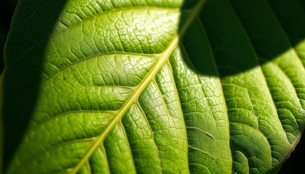 A photorealistic close-up view of a green leaf with intricate shading, textures, and nuanced color variations. The leaf is illuminated by soft, diffused natural lighting, casting subtle shadows that accentuate the leaf's veiny structure and undulating surface. The composition emphasizes the tactile, organic qualities of the leaf, with a shallow depth of field that isolates the subject and invites the viewer to study the details. The overall mood is one of quiet contemplation, highlighting the beauty and complexity of this botanical subject.
