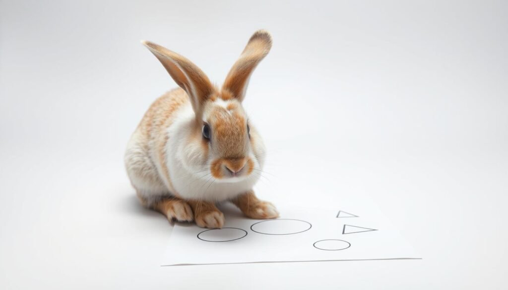 A rabbit sitting on a clean white surface, its head tilted slightly as it carefully draws basic shapes - circles, squares, triangles - with a colored pencil. The rabbit's paws are focused on the task, its eyes attentive. Soft, diffused lighting from an overhead source creates gentle shadows, highlighting the rabbit's fluffy fur and the textures of the drawing surface. The composition is simple and uncluttered, allowing the rabbit's simple, step-by-step drawing process to be the central focus.