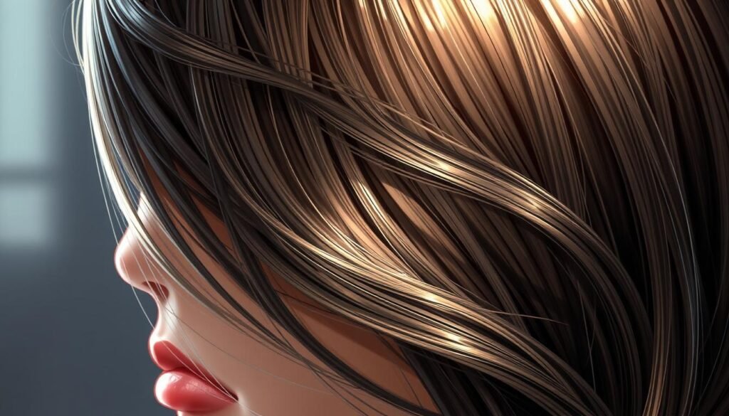 A realistic close-up illustration of a female head with detailed, expertly rendered hair. The hair texture showcases a range of intricate shadows, highlights, and color variations, creating a sense of depth and dimensionality. The lighting is soft and directional, accentuating the form of the strands and the interplay of light and shadow. The background is slightly out of focus, placing the emphasis on the captivating hair styling. The overall mood is one of artistry, skill, and an appreciation for the nuances of hair rendering.