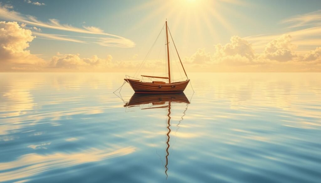 A serene coastal scene with a small wooden boat floating on calm, reflective waters. The boat's hull, sails, and rigging are meticulously detailed, mirrored perfectly in the still surface below. Warm, golden sunlight filters through wispy clouds, casting a soft, diffused glow across the scene. Subtle ripples and gentle waves create intricate patterns on the water's surface, reflecting the boat's form with lifelike precision. The overall atmosphere is one of tranquility and skilled craftsmanship, perfectly capturing the essence of "Expert Tips for Boat Water Reflections" within the "Beginner's Guide to Drawing a Realistic Boat" article.