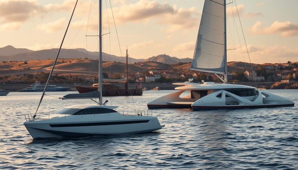 A serene harbor scene showcasing a variety of unique boat designs. In the foreground, a sleek, modern sailboat with a bold geometric hull cuts through the gently lapping waves. Behind it, a traditional wooden fishing vessel with intricate carvings and a weathered patina rests peacefully at the dock. In the middle ground, an unconventional catamaran with futuristic, angular pontoons glides by, its sails billowing in the soft breeze. In the background, a scenic vista of rolling hills and a quaint coastal town provides a picturesque backdrop, illuminated by warm, golden sunlight filtering through wispy clouds. The composition captures a sense of tranquility and exploration, inspiring the viewer to consider the diverse range of boat styles and perspectives.