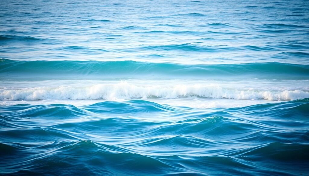 A serene ocean landscape with rolling waves and basic geometric shapes. The foreground features a series of wave crests and troughs, their forms defined by fluid lines and smooth curves. The middle ground showcases simple shapes like triangles and rectangles, representing the fundamental building blocks of wave structure. In the background, a soft gradient of blues and greens creates a calming atmosphere, with hints of white foam and gentle highlights suggesting the play of light across the water's surface. Captured with a wide-angle lens, the composition emphasizes the waves' rhythmic patterns and underlying geometry, inviting the viewer to study the essential elements of this dynamic natural phenomenon.