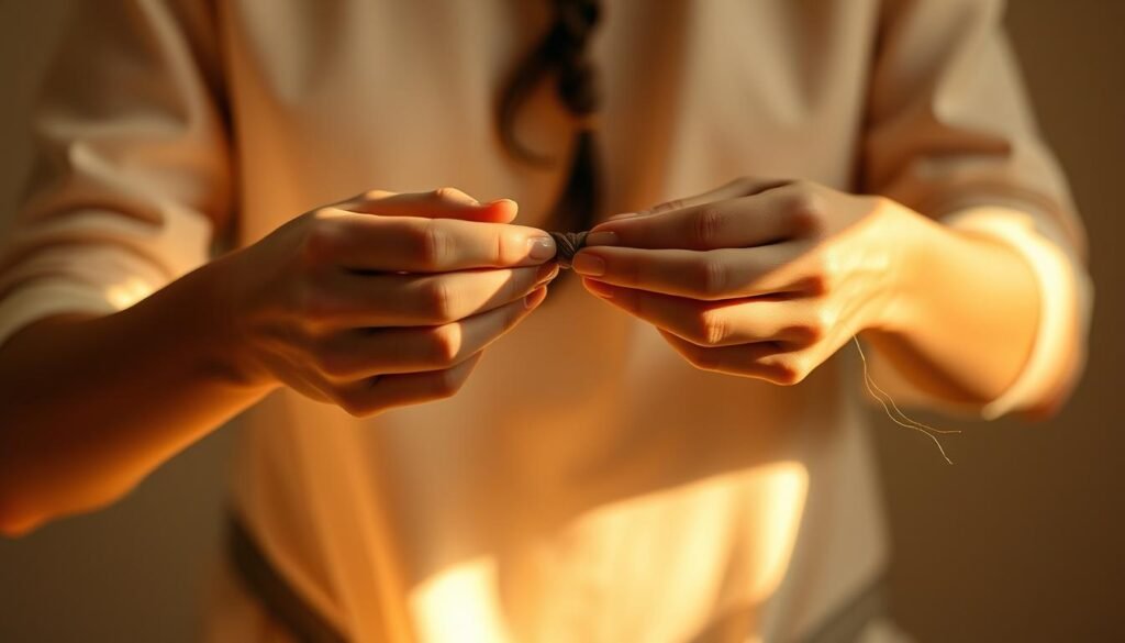 A serene, softly lit studio setting featuring a skilled artist's hands masterfully crafting a braid. Delicate, curved lines elegantly intertwine, forming a captivating focal point. Warm, diffused lighting accentuates the intricate movements, casting subtle shadows that emphasize the graceful gesture. The composition balances the subject's hands with ample negative space, allowing the intricate braiding technique to take center stage. Muted, earthy tones create a calming, meditative atmosphere, inviting the viewer to appreciate the beauty of the simplest artistic gestures.