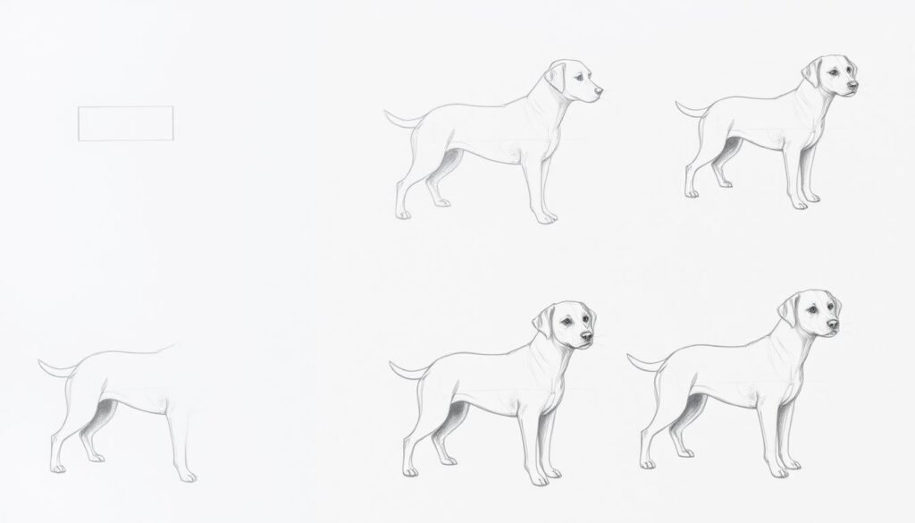 A series of detailed pencil sketches depicting the step-by-step process of drawing a simple dog. The foreground showcases the different stages, from initial line construction to shading and final touches. The middle ground features a neutral background, allowing the sketches to take center stage. Soft, natural lighting casts gentle shadows, emphasizing the texture of the pencil marks. The overall mood is educational and informative, guiding the viewer through the fundamental techniques of canine illustration.