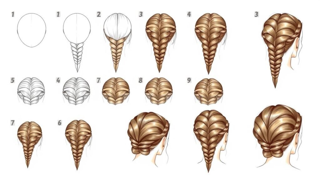 A series of detailed, step-by-step illustrations depicting the process of drawing braided hairstyles. The main focus is on the intricate patterns and textures of the braids, with a clear progression from start to finish. The illustrations are rendered in a clean, technical style with a neutral color palette, allowing the braiding technique to be the central focus. The lighting is soft and even, highlighting the three-dimensional structure of the hair. The camera angles provide a clear, unobstructed view of the braiding process from multiple perspectives. The overall mood is one of instructional clarity, guiding the viewer through the essential steps of this artistic skill.
