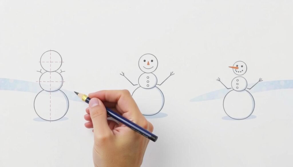 A series of simple sketch illustrations depicting the step-by-step process of drawing a whimsical snowman. In the foreground, a hand holding a pencil sketches the basic shape and proportions of the snowman, with guidelines and construction lines visible. In the middle ground, the snowman takes shape, with distinct spherical forms for the head, torso, and base. The background is a minimalist winter landscape, with soft, muted tones of blue and white, evoking a serene, snowy atmosphere. The overall mood is one of instructional clarity and easy-to-follow artistic guidance, with a touch of playful charm.