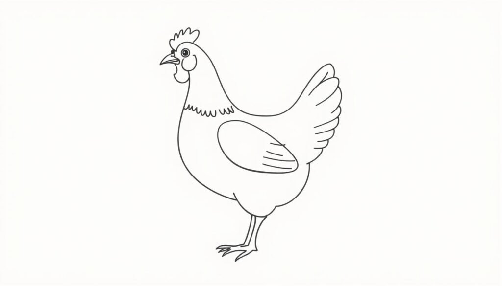 A simple chicken sketch with basic shapes, guidelines, and construction lines, rendered in a clean, minimalist style. The chicken is positioned centrally, drawn in a neutral, frontal view to clearly show the key anatomical features. Soft, diffuse lighting illuminates the chicken from the left, creating gentle shadows and highlights that define the form. The background is a plain, muted color, placing the focus entirely on the chicken's structure and construction. The overall mood is calm, educational, and aimed at illustrating the fundamental building blocks of drawing a chicken.