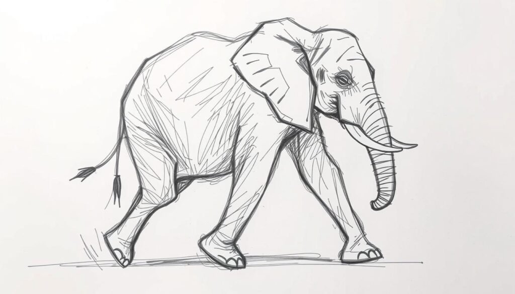 A sketch of an elephant in a quick, dynamic pose, captured in a loose, expressive style. The elephant is shown in the foreground, with a simple, muted background that allows the focus to remain on the sketched form. The lighting is soft and diffused, highlighting the textural quality of the sketch. The composition emphasizes the elephant's movement, with dynamic lines and gestural brushstrokes conveying a sense of energy and immediacy. The overall mood is one of spontaneity and experimentation, reflecting the "quick sketch" theme.
