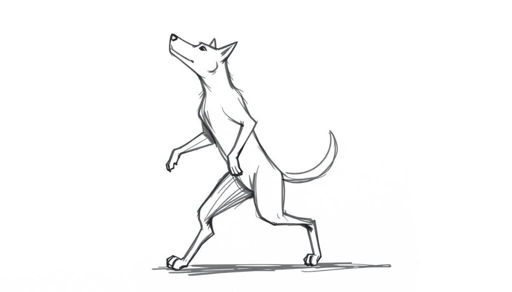 A sketched figure of a dog-like humanoid character, standing in a dynamic, energetic pose with its head tilted and limbs outstretched. The outline is rendered in bold, expressive brushstrokes, capturing the weight and movement of the form. The figure is set against a minimalist, muted background, allowing the focus to remain on the dynamic silhouette. The lighting is soft and evocative, creating subtle shadows that accentuate the figure's contours and suggest depth. The overall mood is one of artistic exploration and the unleashing of creative energy, reflecting the subject of the article.