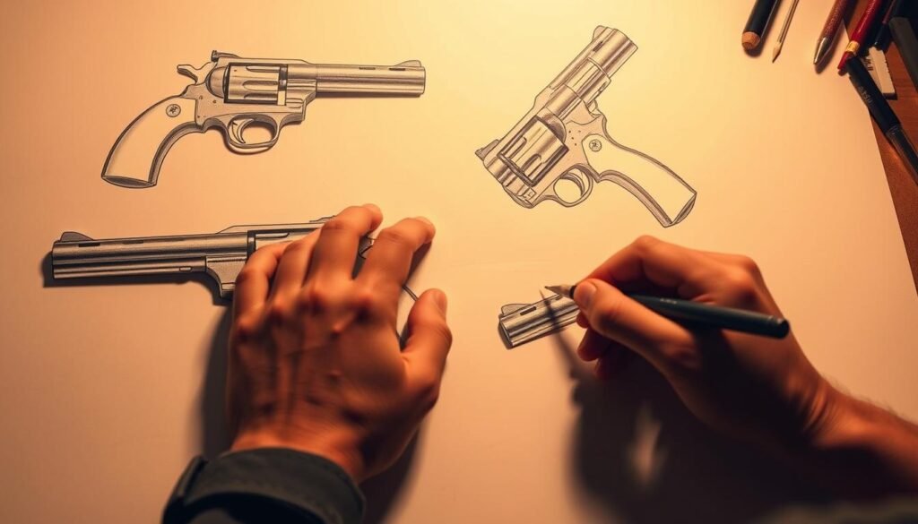 A skilled artist's hand meticulously drawing a revolver from various angles, with precise linework and attention to detail. The scene is illuminated by warm, soft lighting, casting subtle shadows that accentuate the form. The gun is positioned on a clean, minimalist surface, allowing the subject to be the sole focus. The atmosphere is one of careful study and mastery, inviting the viewer to appreciate the technical mastery of the drawing process.