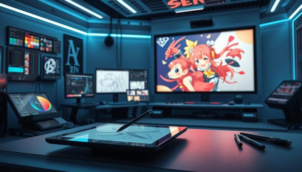 A sleek, high-tech digital art studio with a range of specialized anime drawing tools. In the foreground, a sophisticated digital tablet with a stylus hovers, ready for precise digital sketching. In the middle ground, an array of software interfaces and digital brushes are neatly arranged, each offering unique capabilities for line art, coloring, and shading. In the background, a large, high-resolution display showcases a vibrant, anime-inspired artwork, illuminating the creative potential of these digital tools. The scene is bathed in a cool, futuristic lighting, conveying a sense of cutting-edge technology and artistic innovation at the heart of anime illustration.