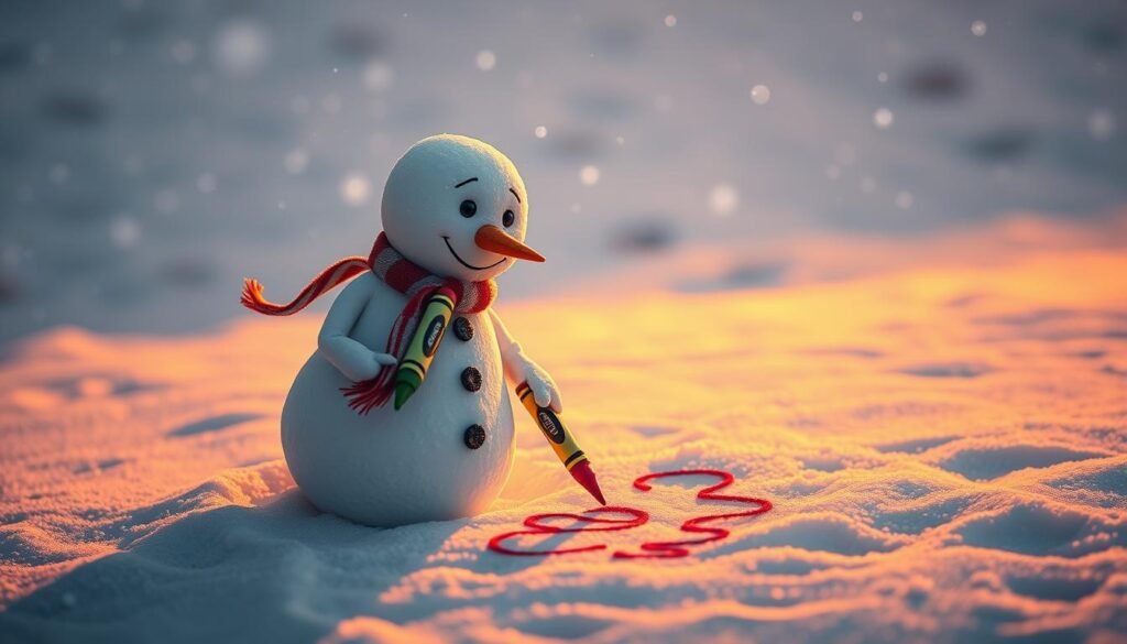 A snowman standing on a snowy field, holding a colorful crayon and carefully drawing a whimsical design on the ground. The snowman's features are detailed, with a carrot nose, coal buttons, and a scarf wrapped around its neck. Warm, soft lighting illuminates the scene, casting gentle shadows. The snowman's expression is one of concentration and playfulness, inviting the viewer to join in the creative endeavor. The background is a serene winter landscape, with snowflakes gently drifting in the air, adding to the cozy, enchanting atmosphere.