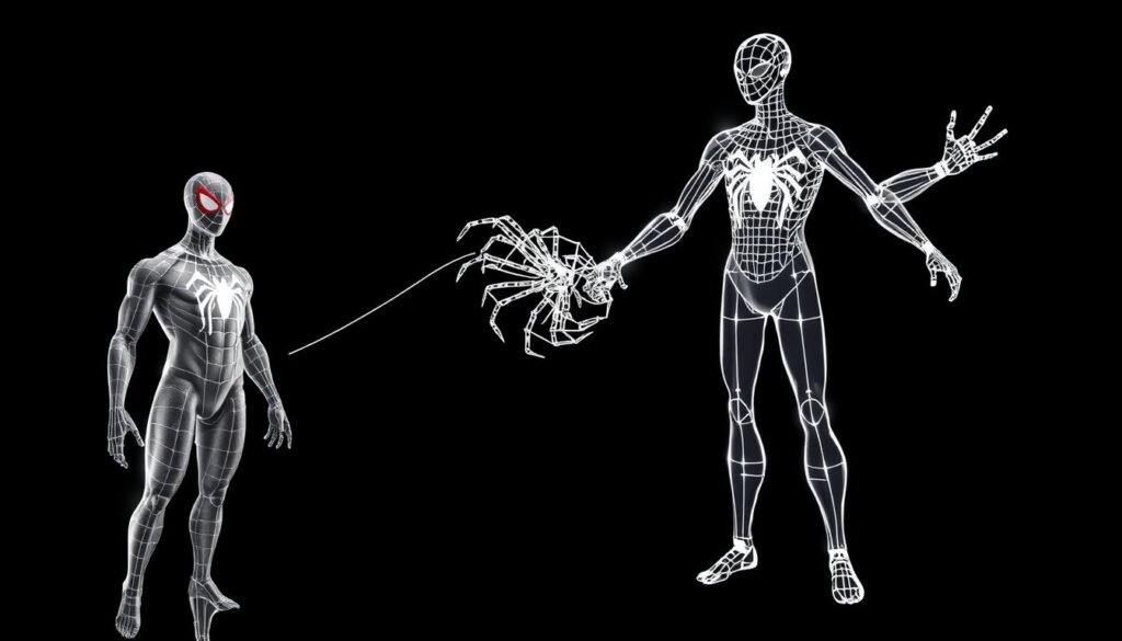 A step-by-step breakdown of Spider-Man's body construction, showcased in a technical illustration. The foreground depicts the hero's muscular frame and articulated joints, with attention to anatomical details. The middle ground features the webbing structure emerging from the wrists, intricately woven and anchored to the arms. In the background, a grid-like wireframe outlines the overall body silhouette, conveying the engineering principles behind the character's iconic costume. The lighting is crisp and precise, emphasizing the mechanical precision and anatomical complexity. The overall mood is one of scientific curiosity and technical mastery, befitting the instructional nature of the illustration.