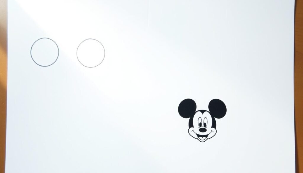 A step-by-step drawing tutorial for the iconic Mickey Mouse head, depicted in a clean, minimalist style. The foreground features a hand-drawn sequence of sketches, showing the progressive construction of the recognizable circular head shape, rounded ears, and distinct facial features. The middle ground showcases the finished Mickey Mouse head illustration in a bold, black outline against a bright, neutral background. Soft lighting from an upper-left angle casts subtle shadows, emphasizing the dimensional quality of the drawing. The overall mood is one of simplicity, clarity, and the timeless appeal of this classic Disney character.