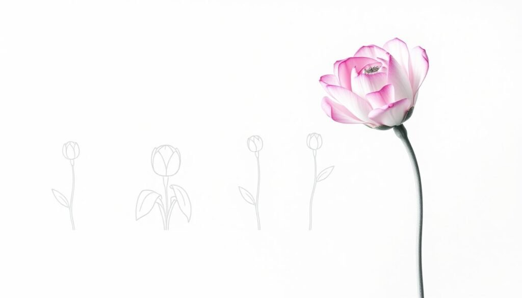 A step-by-step flower drawing process, captured in a series of simple, easy-to-follow illustrations. The foreground depicts a delicate bloom, its petals unfurling in a graceful spiral, showcasing the fundamental techniques of flower sketching. The middle ground features a progression of pencil-drawn outlines, highlighting the construction of the flower's core elements - the stem, leaves, and blossom. The background is a clean, minimalist canvas, allowing the focus to remain on the instructional nature of the image. Soft, natural lighting illuminates the scene, creating a welcoming, inviting atmosphere for beginner artists to follow along. The overall composition is designed to inspire and guide, making the process of drawing a flower accessible and enjoyable.