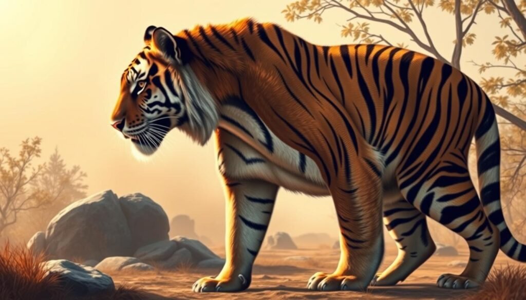 A step-by-step guide to drawing a realistic tiger, rendered in a realistic, highly detailed style. Centered on a large, majestic tiger in the foreground, its powerful body and striking features captured from a low, dramatic angle that emphasizes its imposing presence. The tiger's fur has a tactile, lifelike texture, with individual stripes and tufts clearly visible. The middle ground features a sparse, natural backdrop of rocks and foliage, allowing the tiger to take center stage. Subtle, warm lighting from the side creates depth and contours, while a slightly hazy atmosphere lends an atmospheric quality. The overall composition guides the viewer's eye through the step-by-step drawing process, inviting them to study the tiger's form and structure.