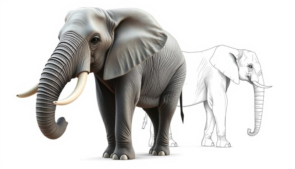 A step-by-step guide to drawing an elephant in a realistic, instructional style. In the foreground, a large elephant's head, facing the viewer, with its distinctive trunk and textured, wrinkled skin. In the middle ground, the elephant's body is shown in profile, with clear guidelines and construction lines to demonstrate the drawing process. The background is a neutral, off-white space, allowing the subject to be the focal point. The lighting is soft and even, creating clear shadows and highlights to emphasize the form and anatomy. The overall mood is educational and informative, guiding the viewer through the process of sketching an elephant.