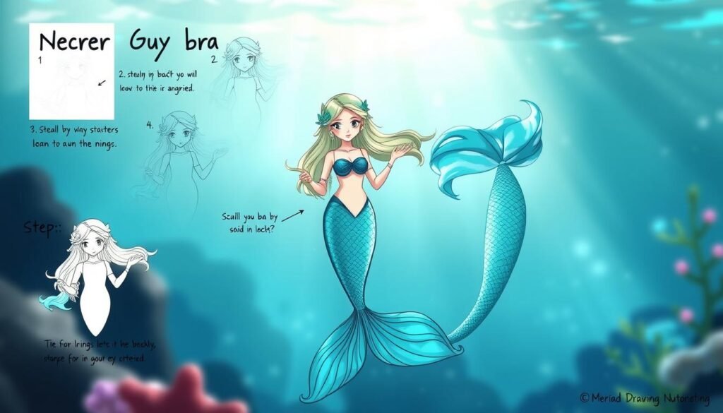 A step-by-step mermaid drawing tutorial presented in a detailed, vibrant illustration. The foreground depicts a serene underwater scene, with a graceful mermaid in the center, her flowing hair and tail rendered in shimmering hues of turquoise and aquamarine. The mermaid's expression is focused, as she guides the viewer through the drawing process with simple, intuitive gestures. The middle ground features visual aids, such as sketched outlines and guidelines, demonstrating the step-by-step construction of the mermaid's form. The background is subtly blurred, creating a sense of depth and emphasizing the instructional focus. The lighting is soft and diffused, casting a gentle, magical glow over the entire scene. The overall mood is one of tranquility and enchantment, inviting the viewer to embark on a creative journey of mermaid drawing.