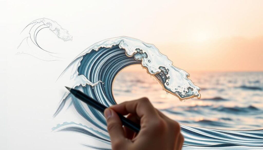 A step-by-step process of drawing a captivating wave. In the foreground, a skilled hand sketches the initial outline, capturing the graceful curve and dynamic motion. The middle ground reveals the gradual buildup of details, with delicate lines defining the wave's crest and the intricate patterns of water droplets. In the background, a serene ocean backdrop provides the perfect setting, illuminated by warm, diffused lighting that casts a soft glow over the entire scene. The overall composition conveys a sense of tranquility and artistry, guiding the viewer through the creative journey of wave illustration.