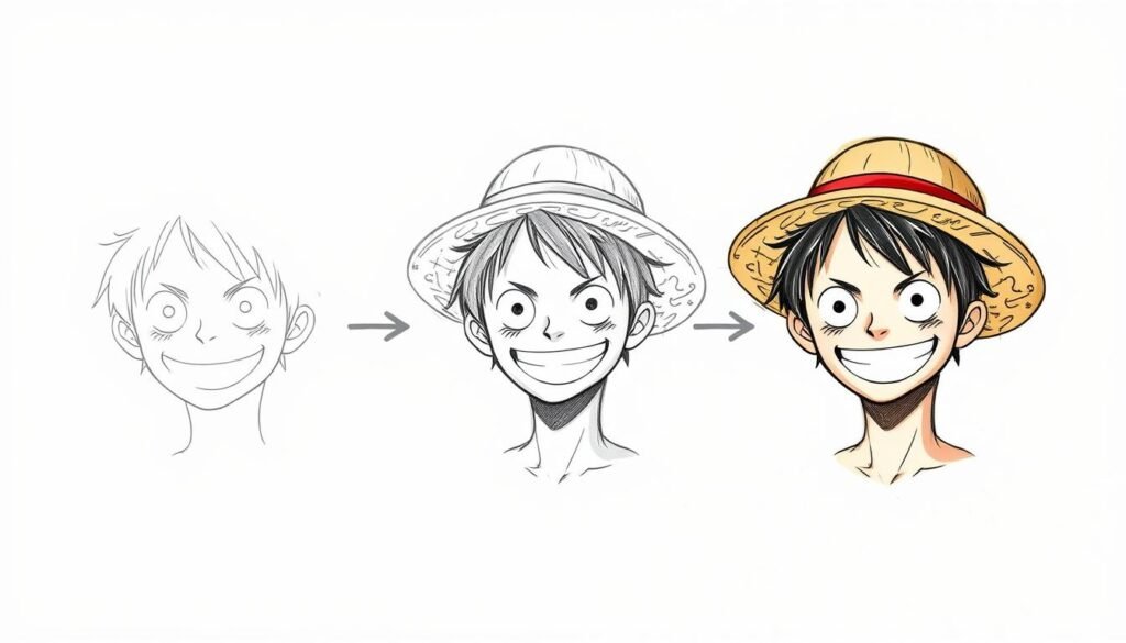 A step-by-step process of drawing the iconic anime character Monkey D. Luffy from One Piece. The image shows Luffy's head and upper body in a realistic, detailed illustration. In the foreground, the initial sketch outlines Luffy's distinct features - his rubbery face, wide grin, and signature straw hat. In the middle ground, the image transitions to a more refined, shaded drawing, capturing Luffy's expressive eyes and defined facial contours. The background fades into a neutral, textured surface, allowing the focal point to be the evolving illustration process. Soft, directional lighting creates depth and dimensionality, highlighting the various stages of the drawing. The overall mood is dynamic and engaging, inviting the viewer to follow along the step-by-step journey of bringing Luffy to life.