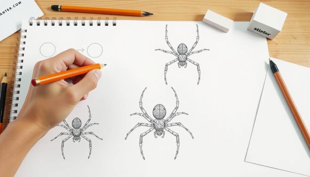 A step-by-step spider drawing tutorial, rendered in a realistic, detailed style with a warm, natural lighting. The foreground depicts the process of sketching the spider, with a hand wielding a pencil guiding the viewer through the construction of the arachnid's body, legs, and intricate patterns. The middle ground showcases the gradually emerging spider design, capturing the evolution from initial lines to a fully-realized, lifelike creature. The background features a clean, minimalist workspace with a sketchpad, eraser, and other drawing tools, reinforcing the instructional nature of the scene.