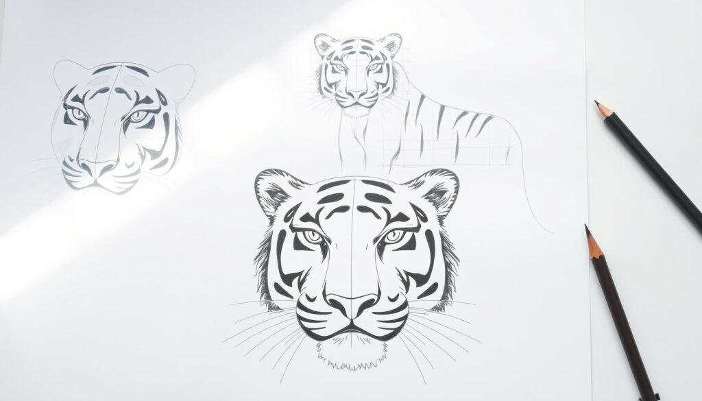 A step-by-step tiger drawing guide, showcasing the process in a clean, instructional style. The foreground depicts the tiger's head and facial features, with detailed sketches and annotations demonstrating the construction of the eyes, nose, and muzzle. The middle ground features a partially completed tiger body, with guidelines and construction lines guiding the viewer through the drawing process. The background is a neutral, light-toned workspace, providing a crisp, uncluttered setting to highlight the step-by-step instructions. Soft, natural lighting illuminates the scene, creating depth and dimension. The overall atmosphere is one of clarity, simplicity, and educational purpose, inspiring the viewer to follow along and create their own stunning tiger drawing.