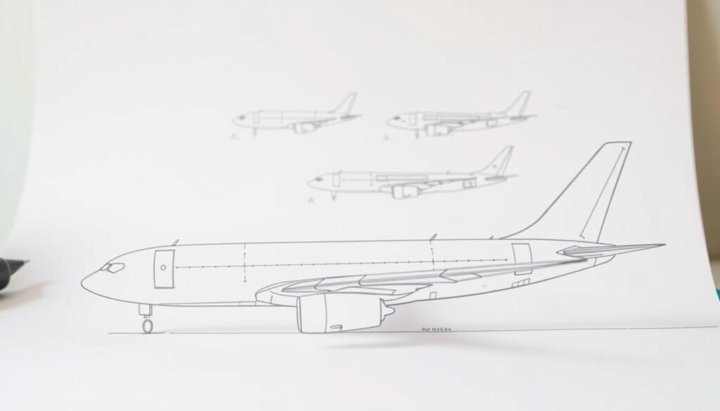 A step-by-step tutorial for drawing a detailed, realistic aeroplane. In the foreground, a clean, simple outline of the aircraft's silhouette with key structural elements like the wings, fuselage, and tail. In the middle ground, a series of sketched steps showing the construction of the plane, from basic shapes to more refined lines and curves. Subtle grid lines or construction guides provide visual cues. The background is a minimal, light-toned workspace setting, with a sense of depth and perspective to ground the tutorial. The lighting is soft and natural, highlighting the evolving drawing process. The overall mood is educational, informative, and accessible for beginner artists.