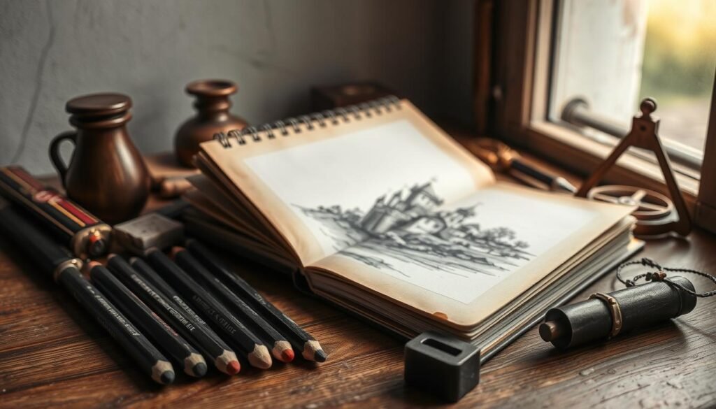 A still life composition depicting an assortment of drawing supplies for castle sketching. In the foreground, a set of high-quality pencils, charcoal sticks, and a sharpener rest on a wooden table. In the middle ground, a weathered sketchbook with a castle landscape design on the cover sits open, revealing crisp, blank pages ready to be filled. In the background, a vintage inkwell, a quill pen, and a brass compass create a vintage, medieval ambiance. Soft, diffuse natural light filters in through a window, casting gentle shadows and highlighting the textures of the materials. The overall mood is one of contemplation, creativity, and the anticipation of an artistic journey to capture the beauty of a castle.