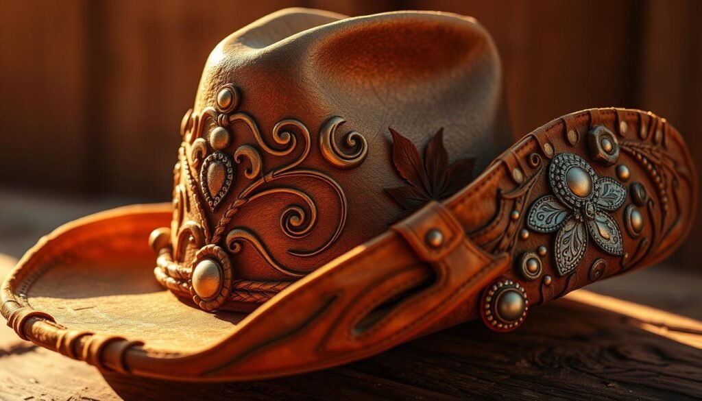 A stunning array of intricate, hand-crafted decorative elements adorning a rugged cowboy hat, bathed in warm, golden light. Swirling patterns and embellishments in burnished metal, leather, and beadwork gracefully accentuate the hat's iconic silhouette, creating a harmonious blend of traditional western style and contemporary artistry. The scene is captured from a slightly elevated angle, allowing the viewer to appreciate the meticulous detail and craftsmanship. A sense of rustic elegance pervades the image, inviting the viewer to imagine the story and character behind this unique accessory.
